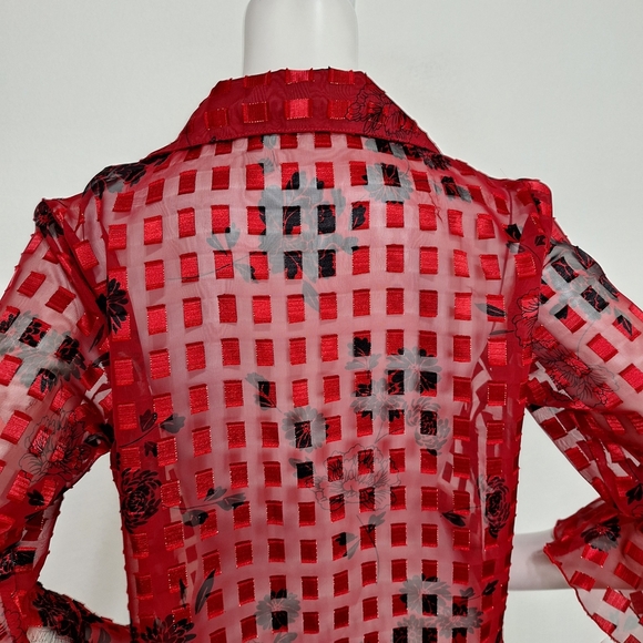 Notations Red Black Floral Romantic Academia Sheer Bell Sleeve Blouse Size M - Picture 7 of 12